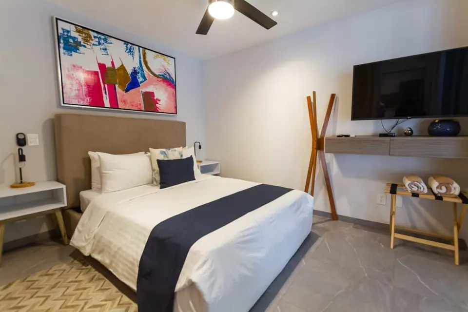 Stylish bedroom; comfortable and modern.