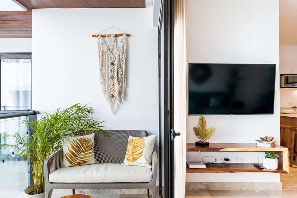 Relax on the comfortable couch.