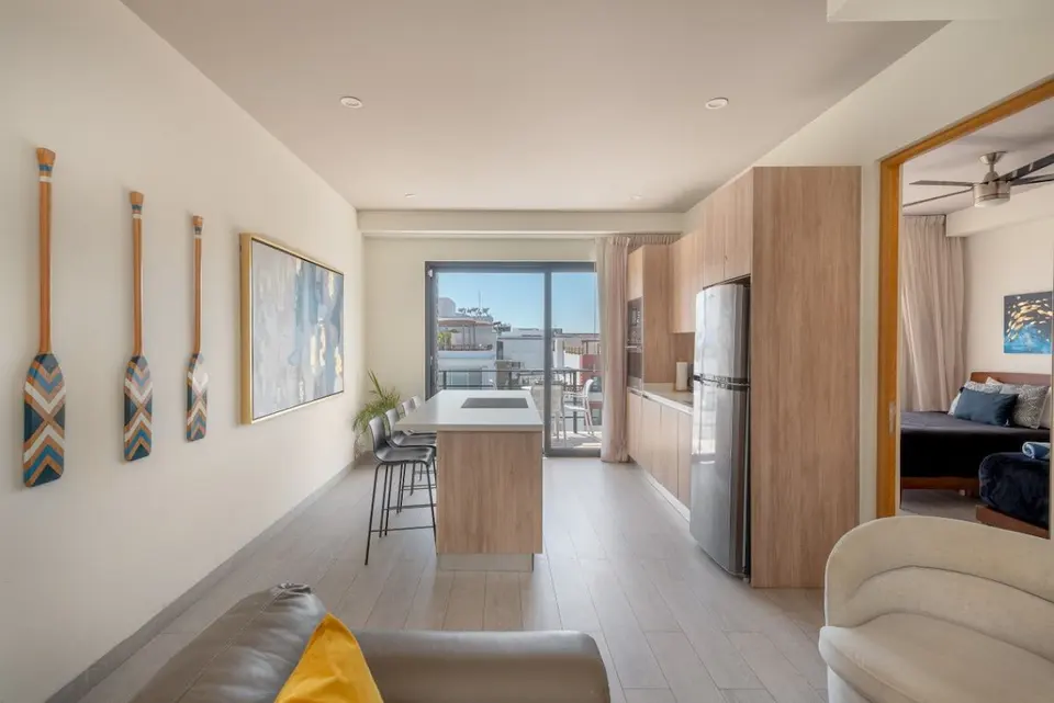 Spacious living area with designer touches.