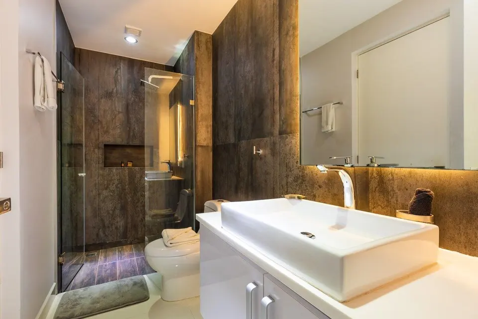 Stylish bathroom with modern amenities.