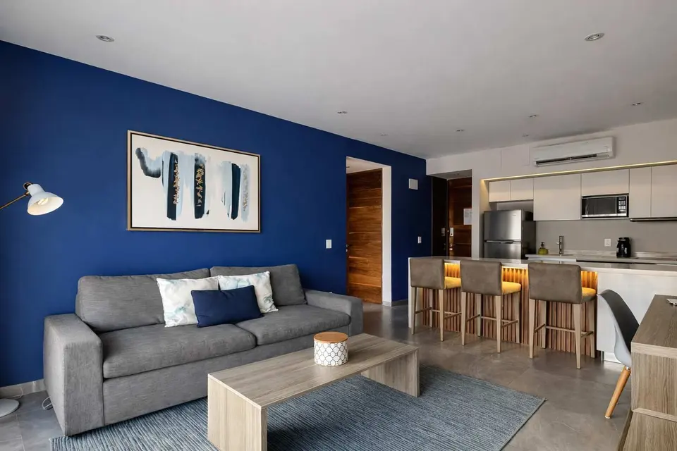 Stylish living room with modern features.