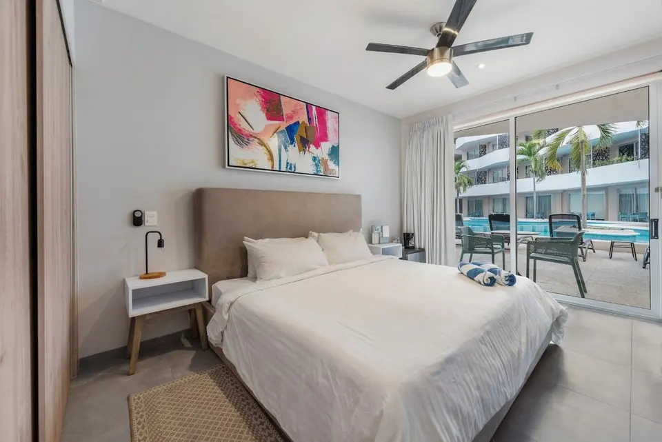 Luxurious bedroom; comfortable and stylish.